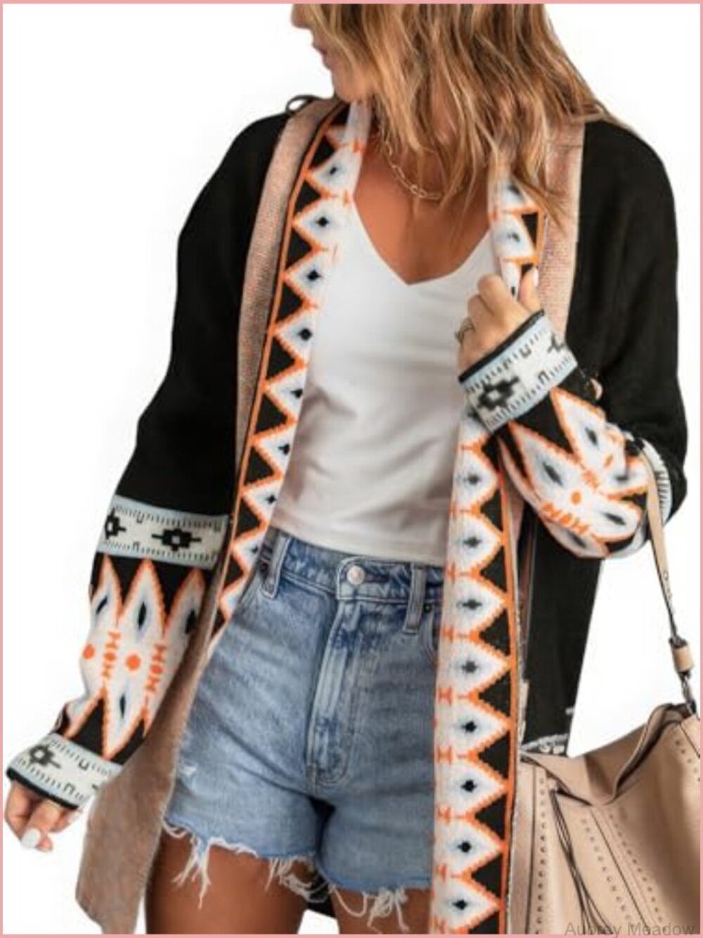 Aztec Print Open Front Cardigan with Pockets - Picture 2 of 5